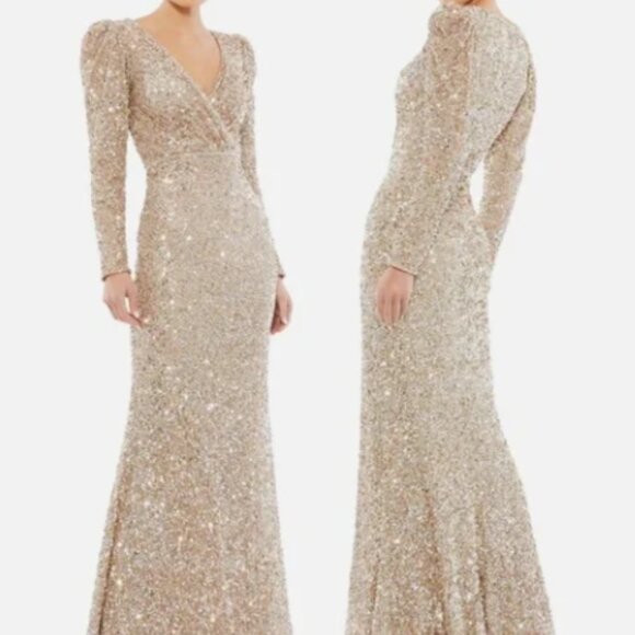 MAC DUGGAL 5510 PUFF SHOULDER SEQUINED SURPLICE SHIMMERING GOLD GOWN sz 8 - Picture 1 of 8